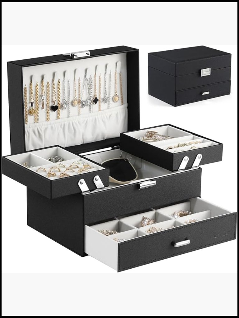 Large Jewelry Organizer Box Modern Storage Case With Drawer Metal Stand